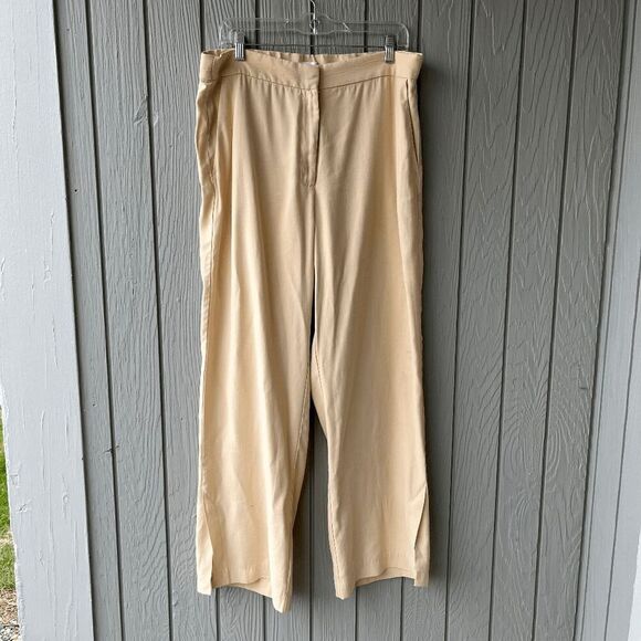 H&M Wide Leg Linen Blend Trousers Beige Size 14 Side Slits Pockets - Picture 7 of 10